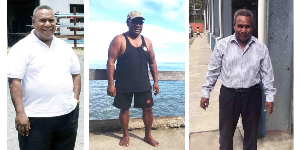 Geoff Samuel went from 290 pounds (131 kilograms), left, to 209 pounds (95 kilograms), center, over the 12 months of 2017. At the right, he is meeting with Adventist Mission in June 2018. (Left two photos: Herik Dun Siope; Right photo: Andrew McChesney / Adventist Mission)