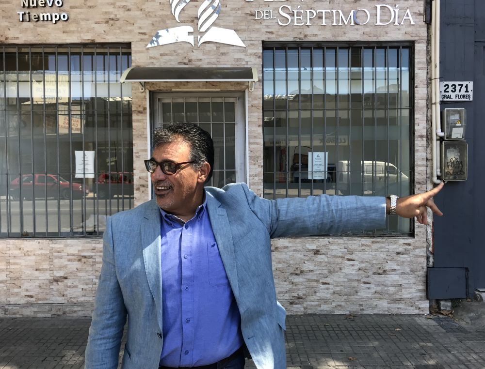 Nestor Alvaro Rivero, 60, who gave Bible studies to Grandmother, standing outside Goes Seventh-day Adventist Church in Montevideo, Uruguay. (Andrew McChesney / Adventist Mission)